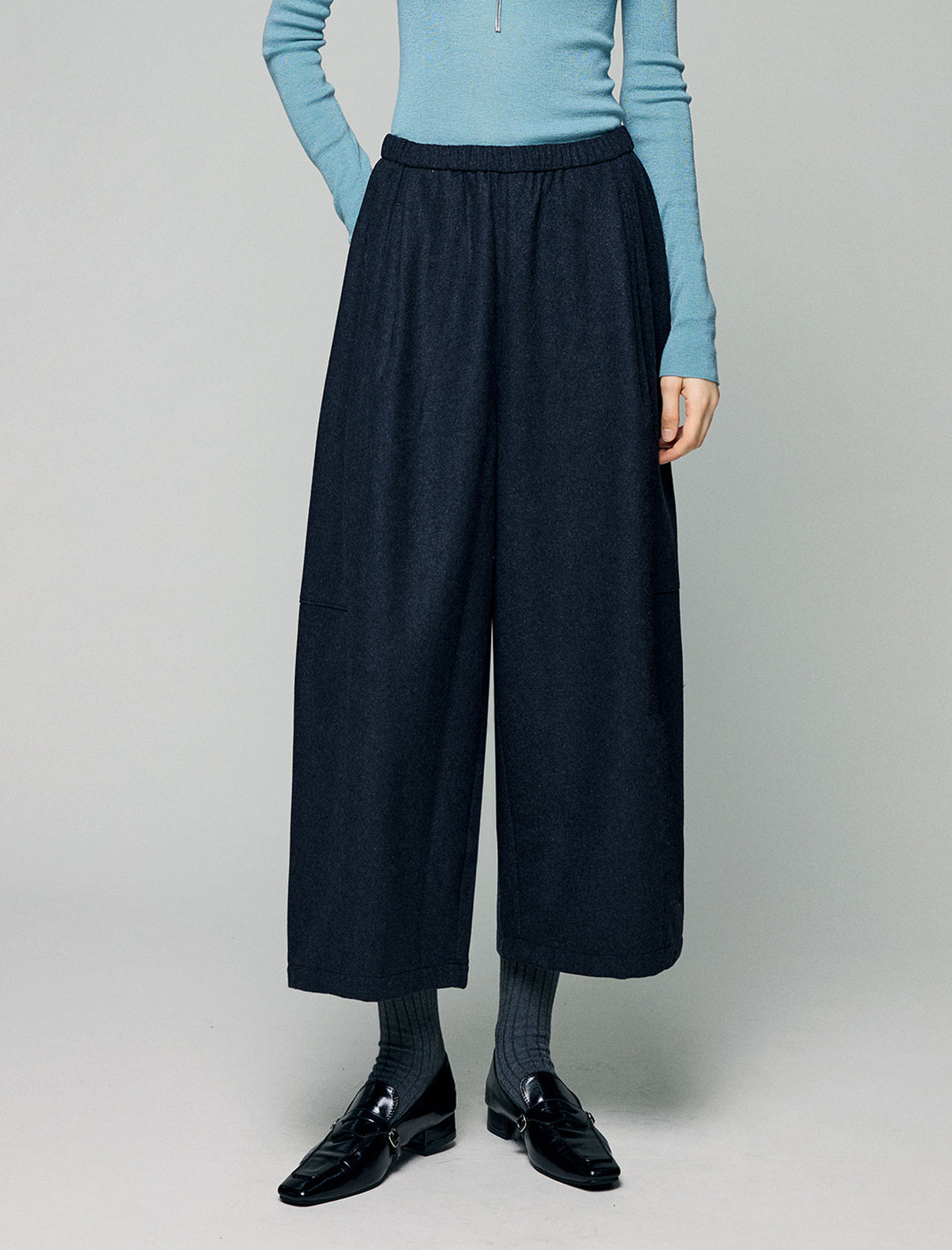 Wool Blend Elastic-Waist Pleated Wide-Leg Culottes