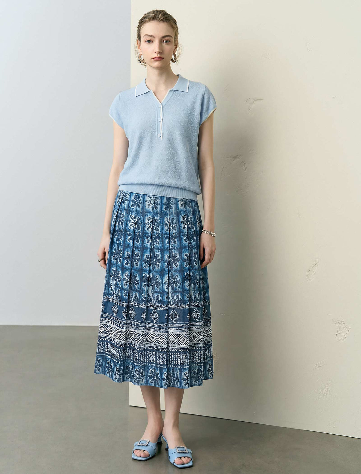 Indigo Blue Printed Pleated Midi Skirt
