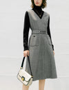 Wool V-Neck Belted Sleeveless Midi Dress