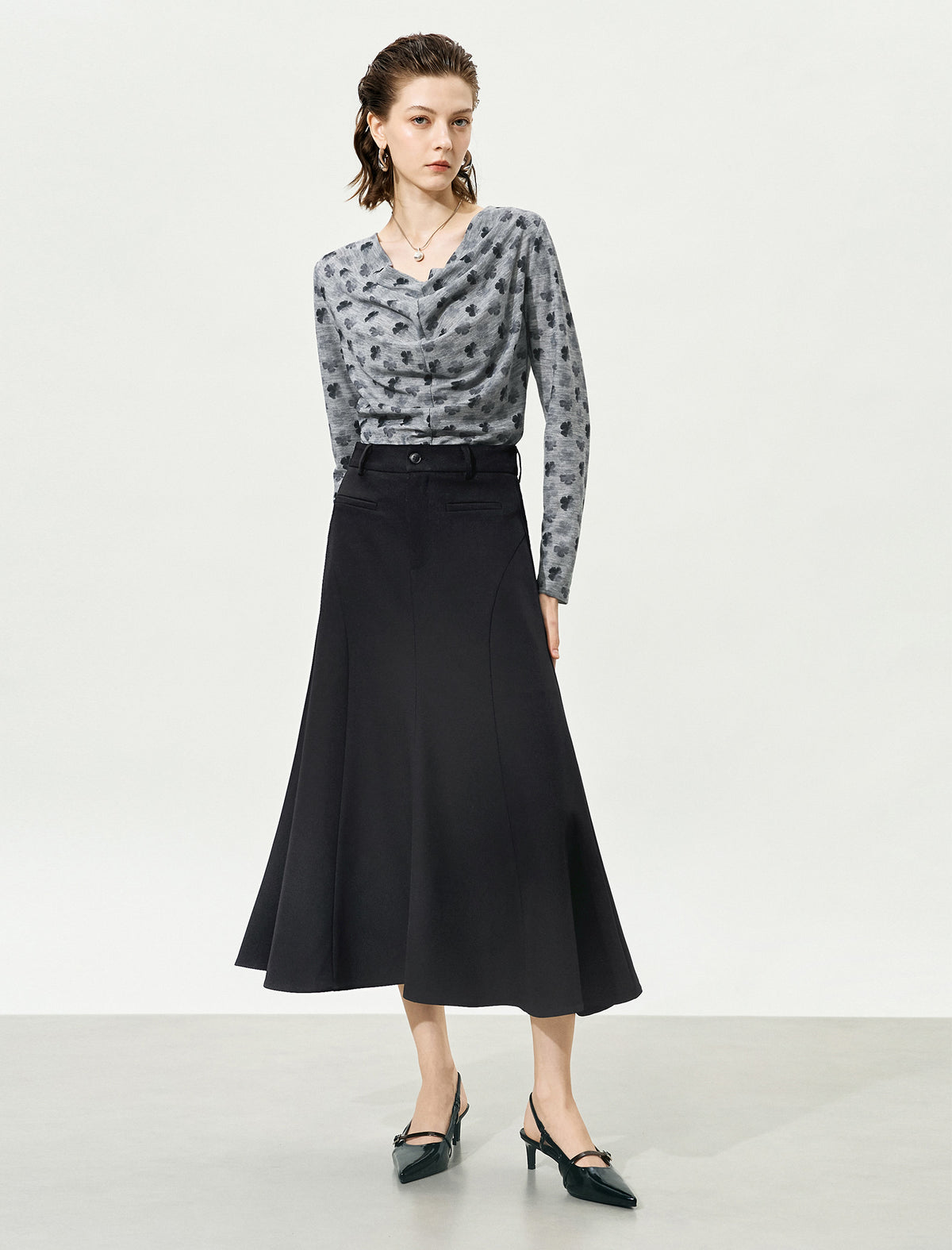 Floral Print Long-Sleeve Cowl-Neck Ruched Top