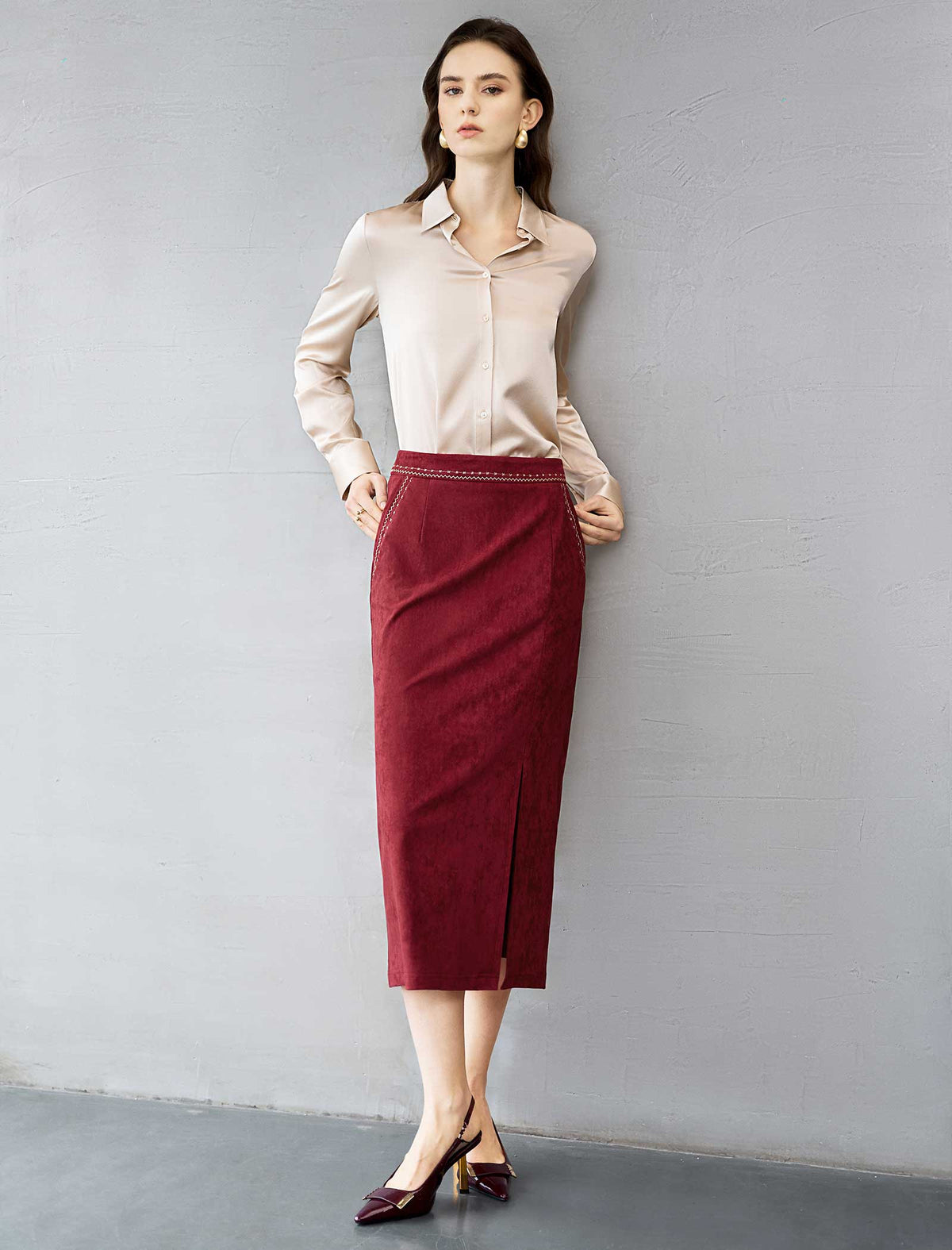 Burgundy Faux Suede Midi Pencil Skirt