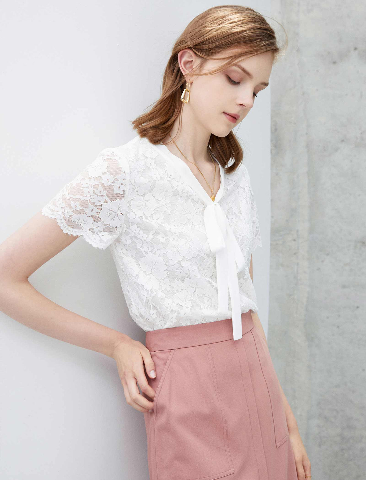 V-Neck Lace Tie-Front Short Sleeve Top