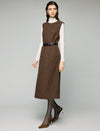 Wool Blend Striped V-Neck Belted Sleeveless Midi Dress