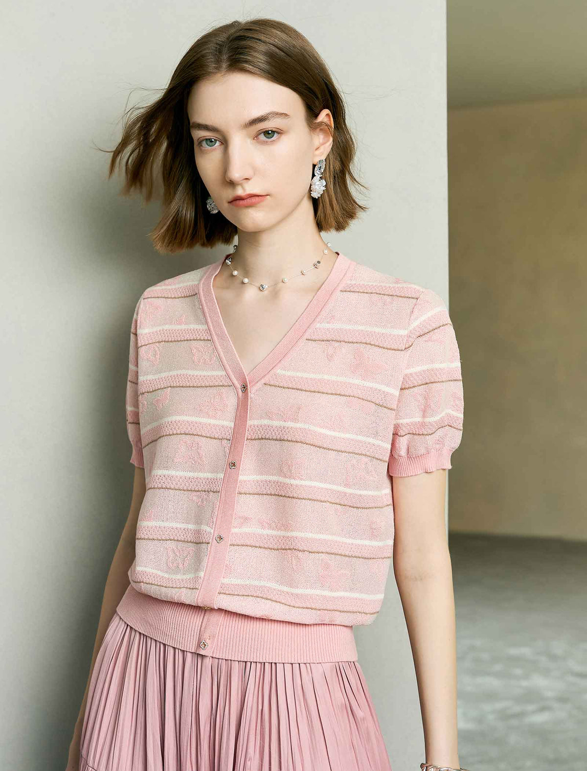 Striped Butterfly Embroidery V-Neck Tencel Blend Knit Cardigan Top