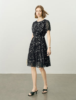 Chiffon Butterfly Print Puff Sleeve Midi Dress