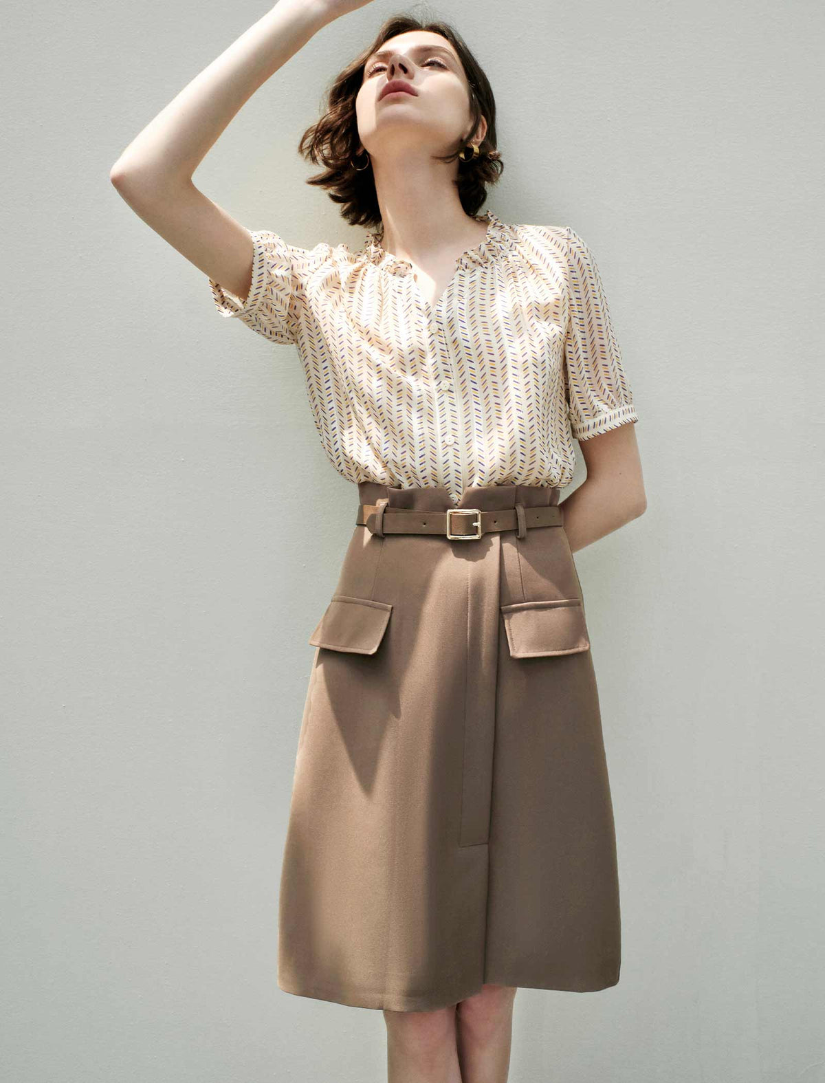 Ruffle Collar Striped Puff Sleeve Short Sleeve Top