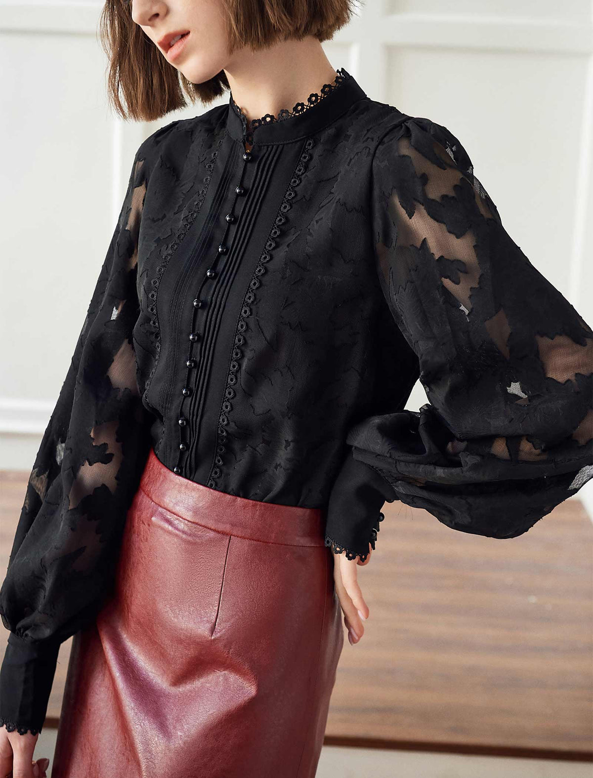 Black Lace Detailed Sheer Blouse