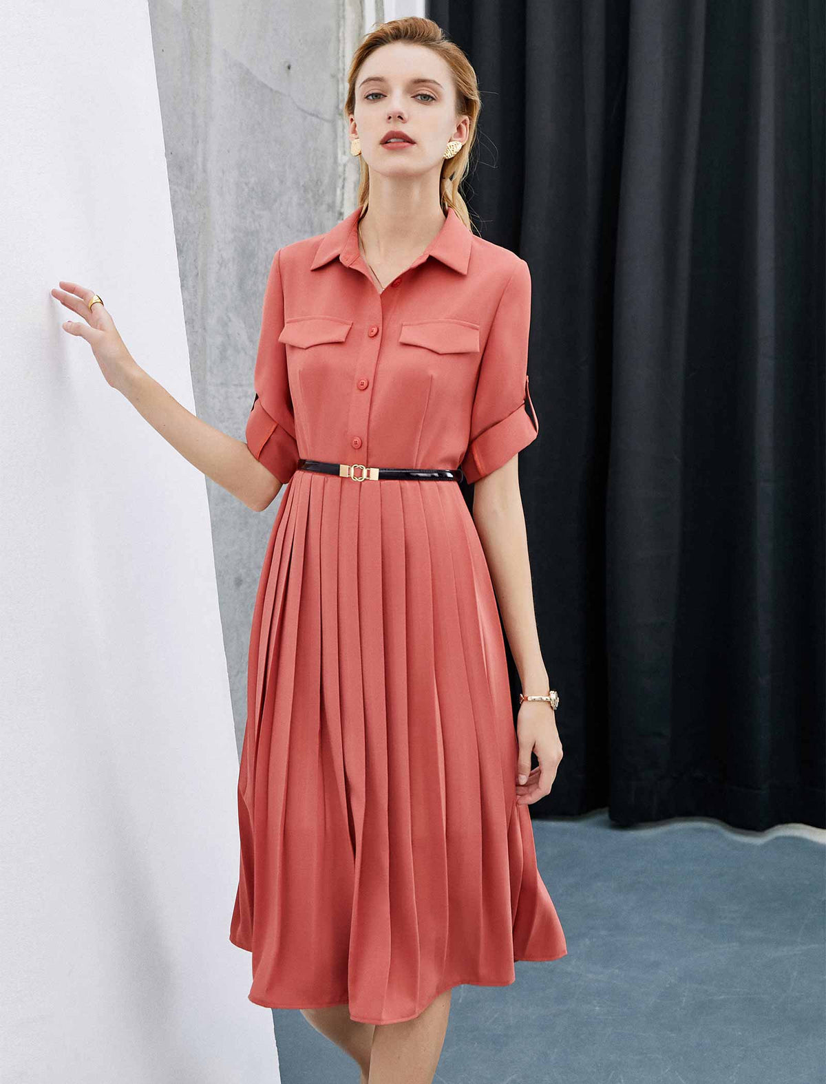 Chic Workwear Pleated Midi Shirt Dress