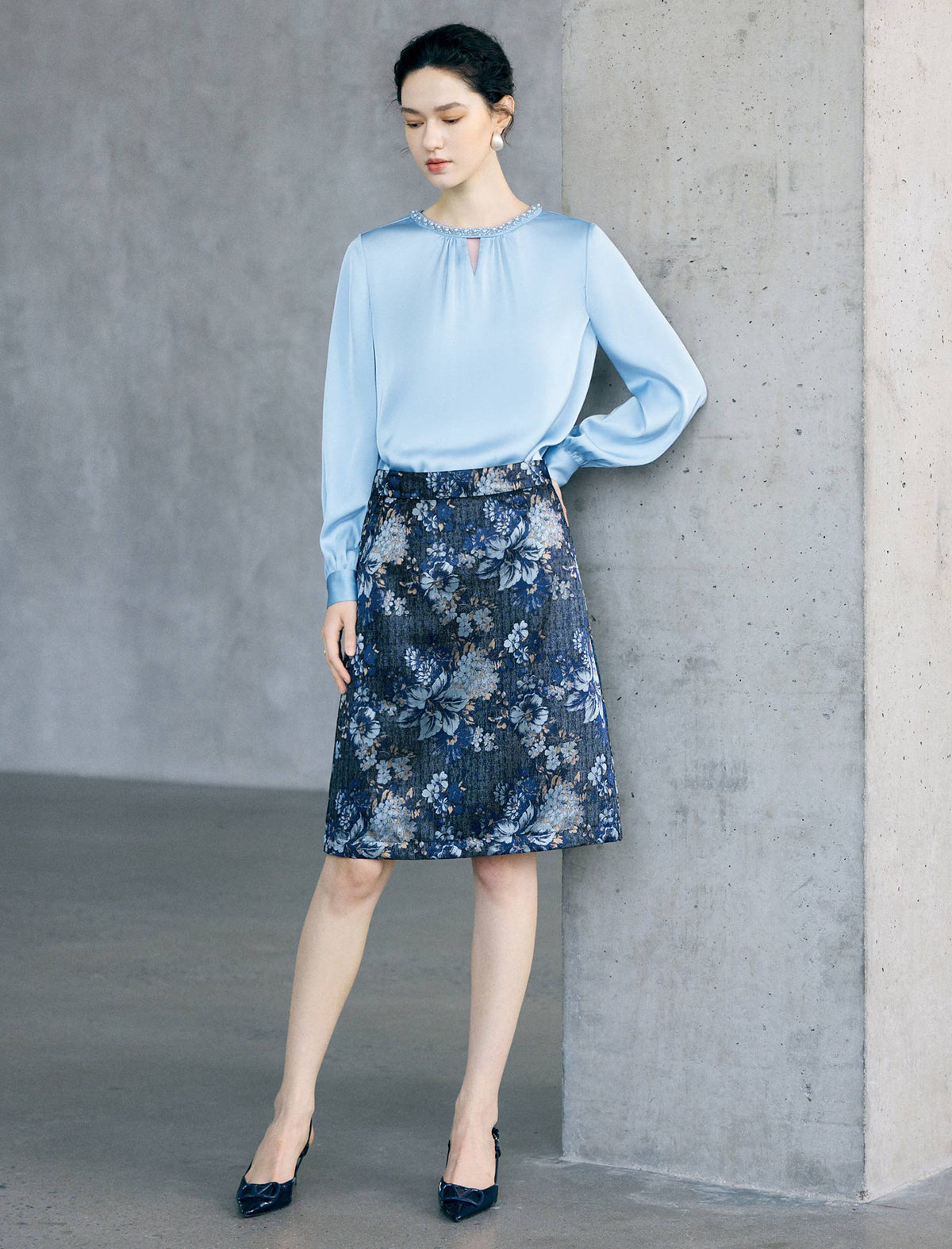 Beaded Neck Satin Long Sleeve Blouse