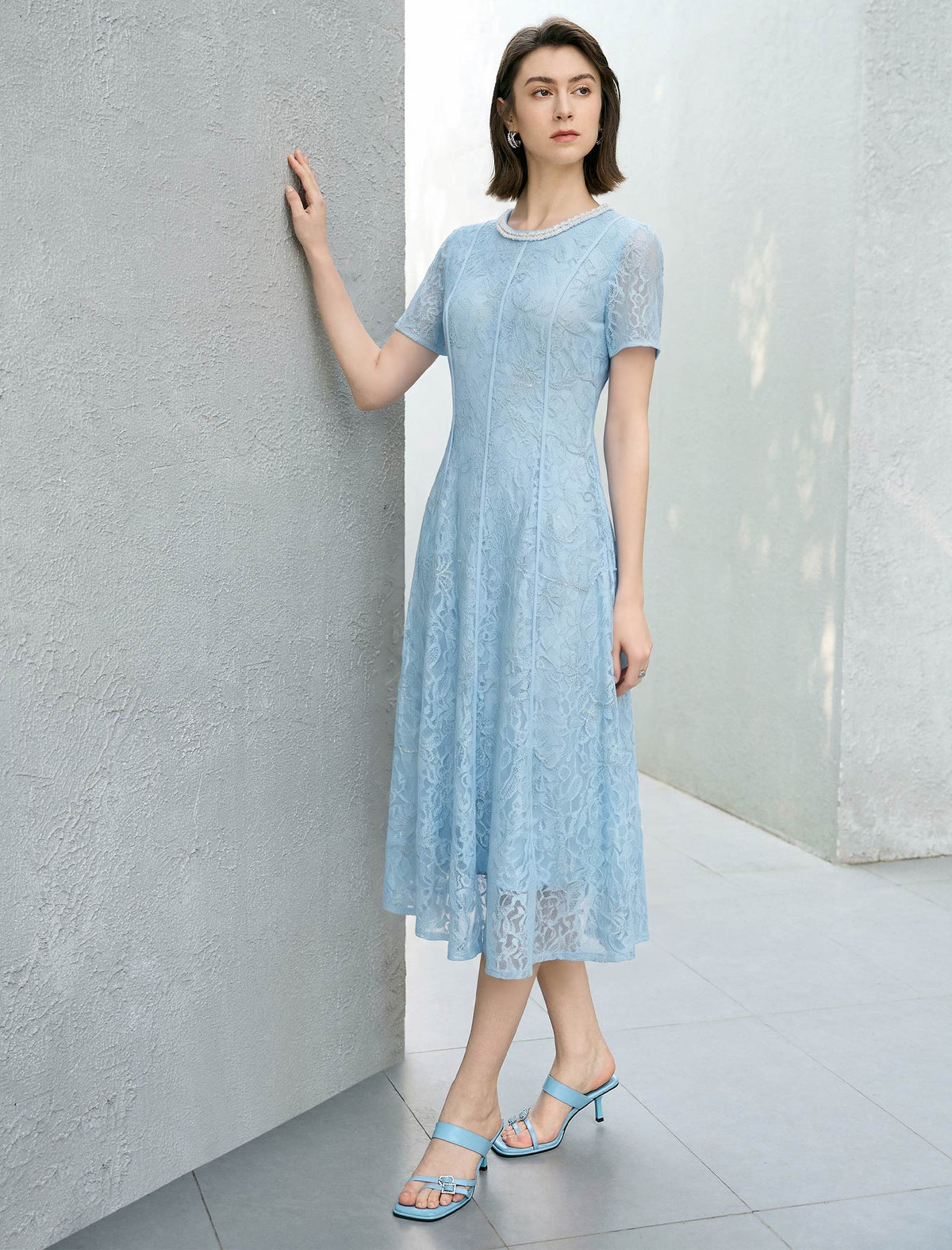 Light Blue Lace Pearl Neckline Midi Dress