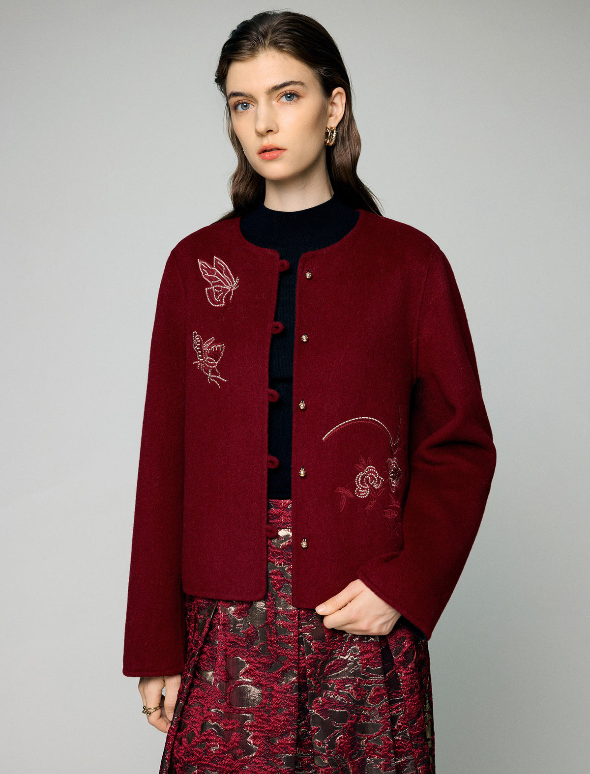 Wool Blend Embroidered Crewneck Frog-Button Coat