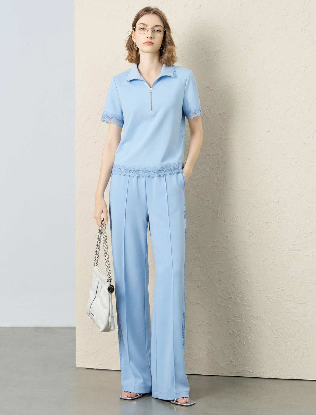 Light Blue Lace-Trim Polo Top