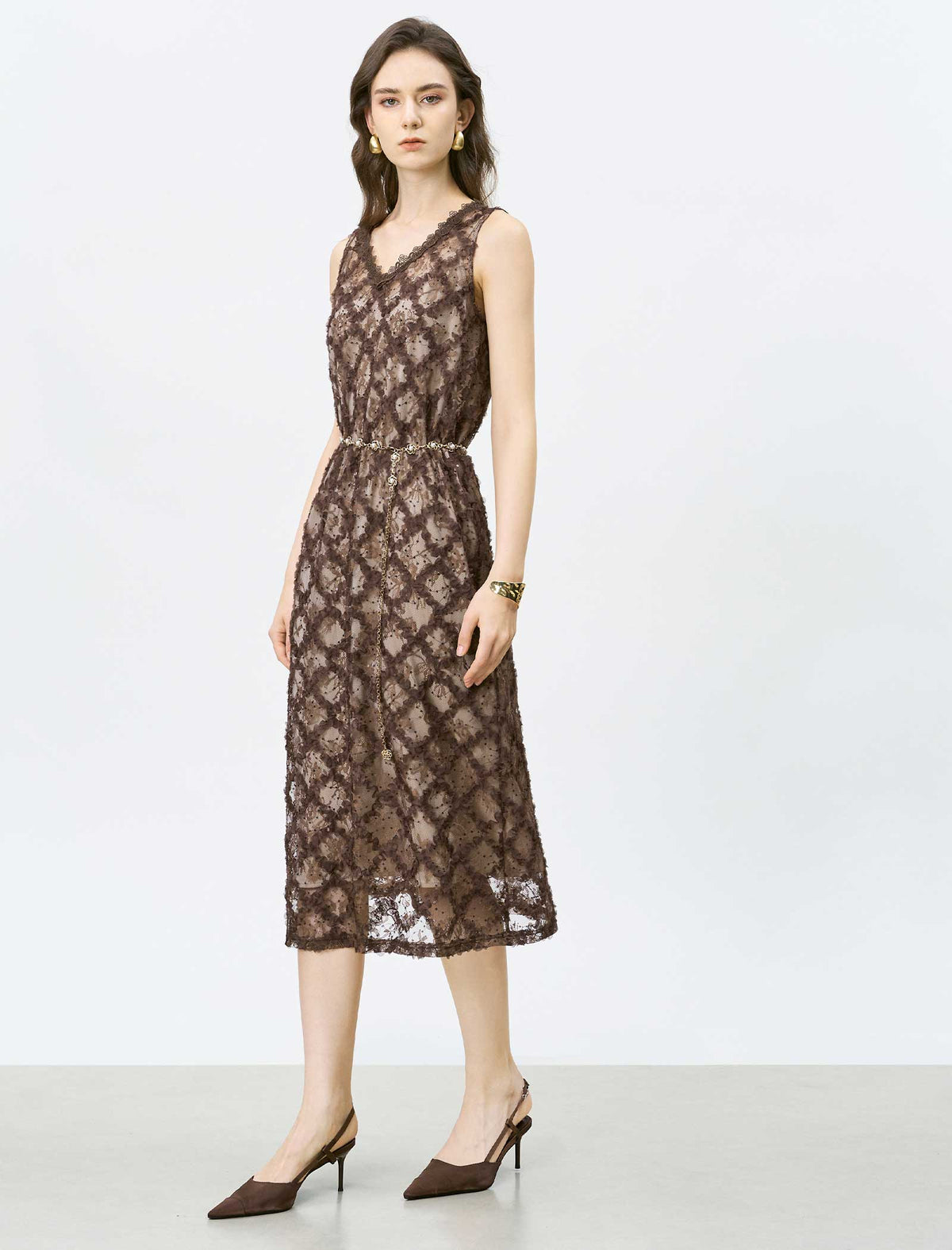 Brown Lace Embroidered Midi Dress