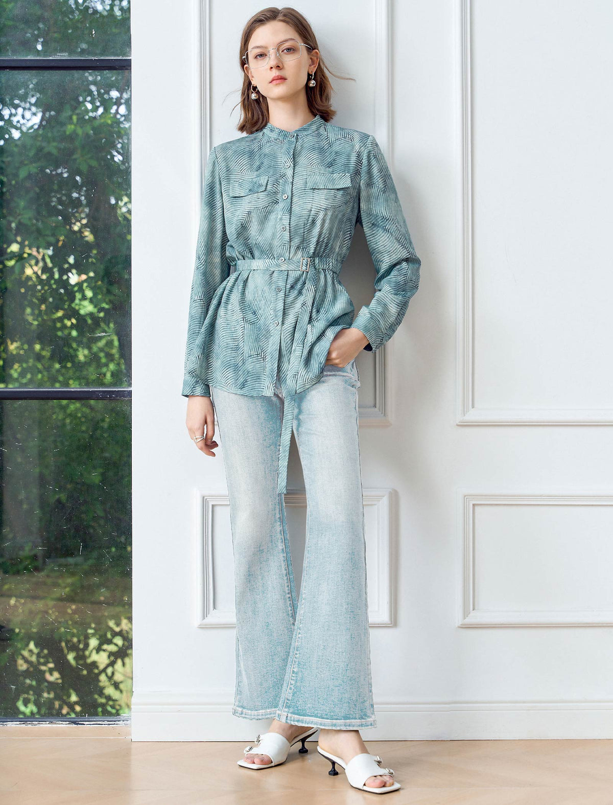 Textured Pattern Stand Collar Belt Detail Blouse