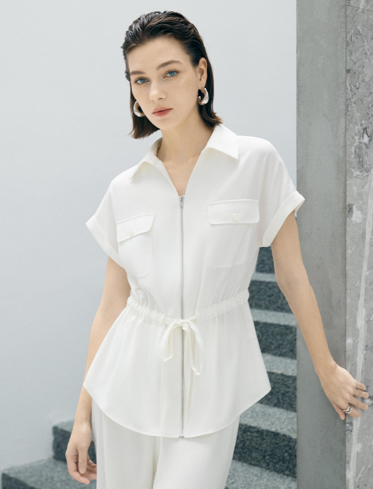 Zip Front Drawstring Waist Utility Shirt Top