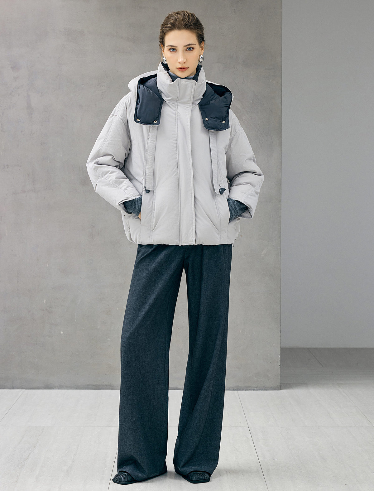 Detachable-Hood Stand-Collar Zip-Front Cropped Puffer Jacket