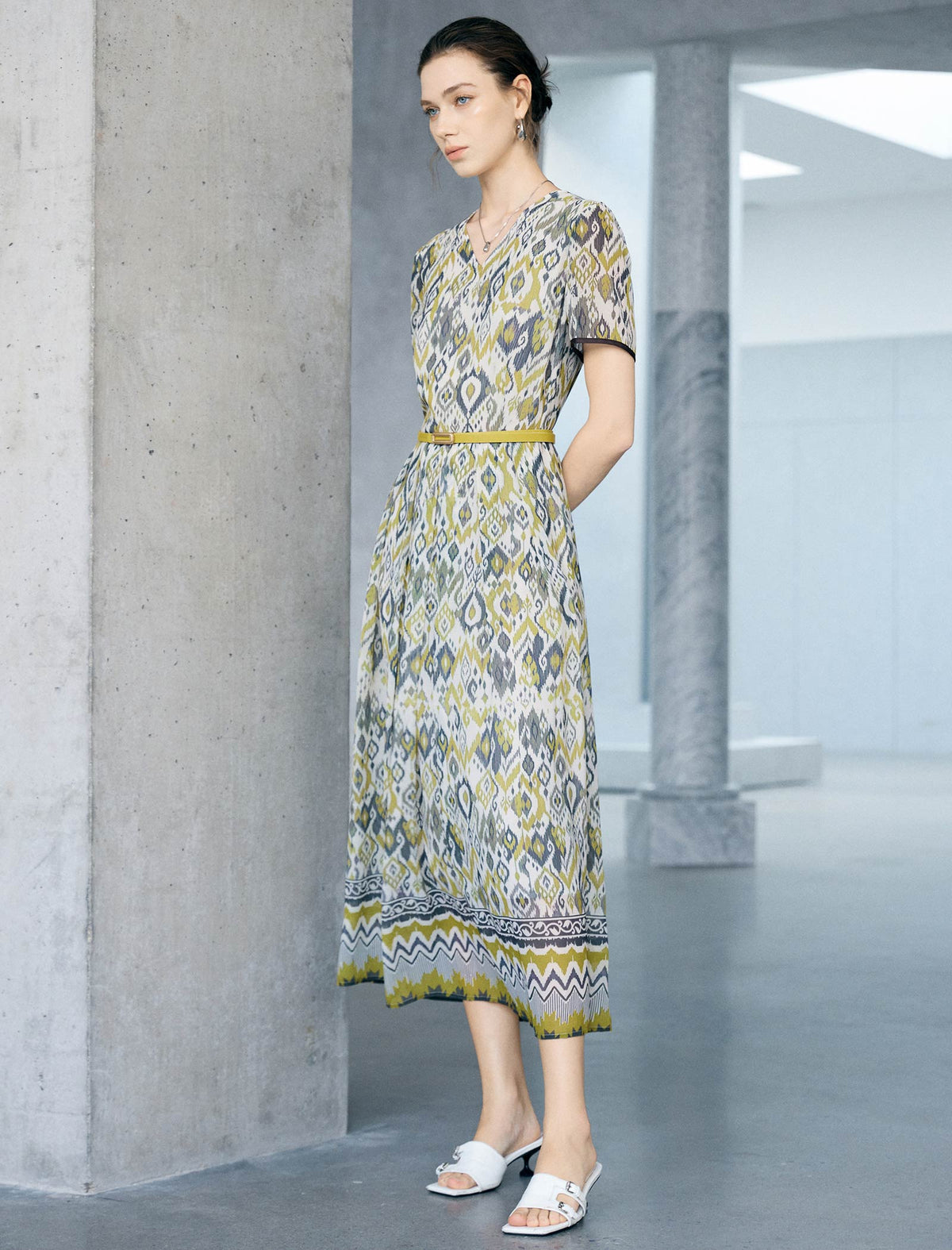 Ikat Geo Print Belted Tencel Blend Midi Dress