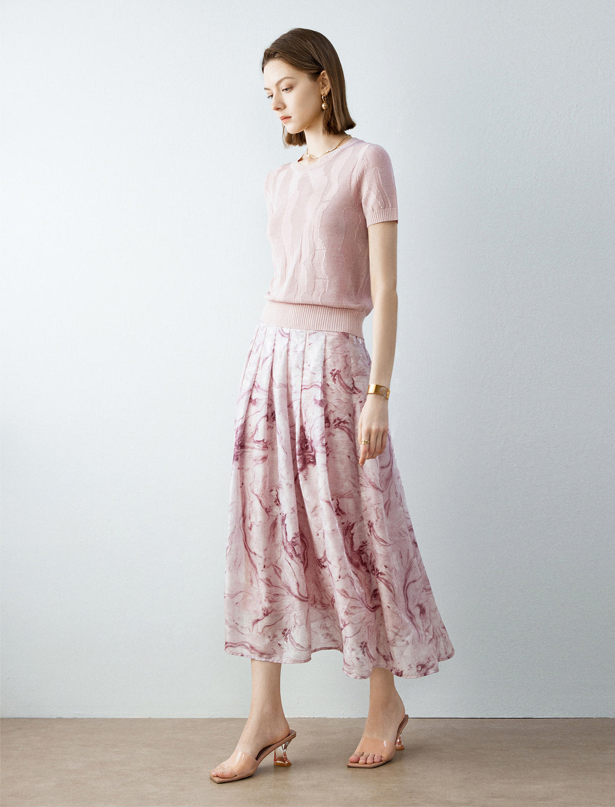 Pink Marble Print Pleated Midi Skirt