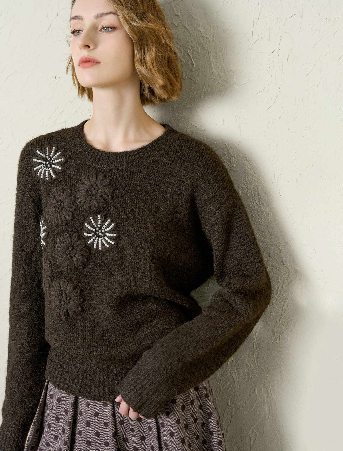 Firework Beading Flower Knit Wool-Blend Sweater