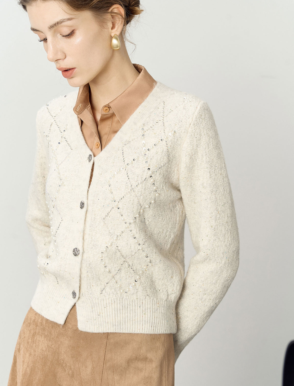 Cream Beaded V-Neck Cardigan
