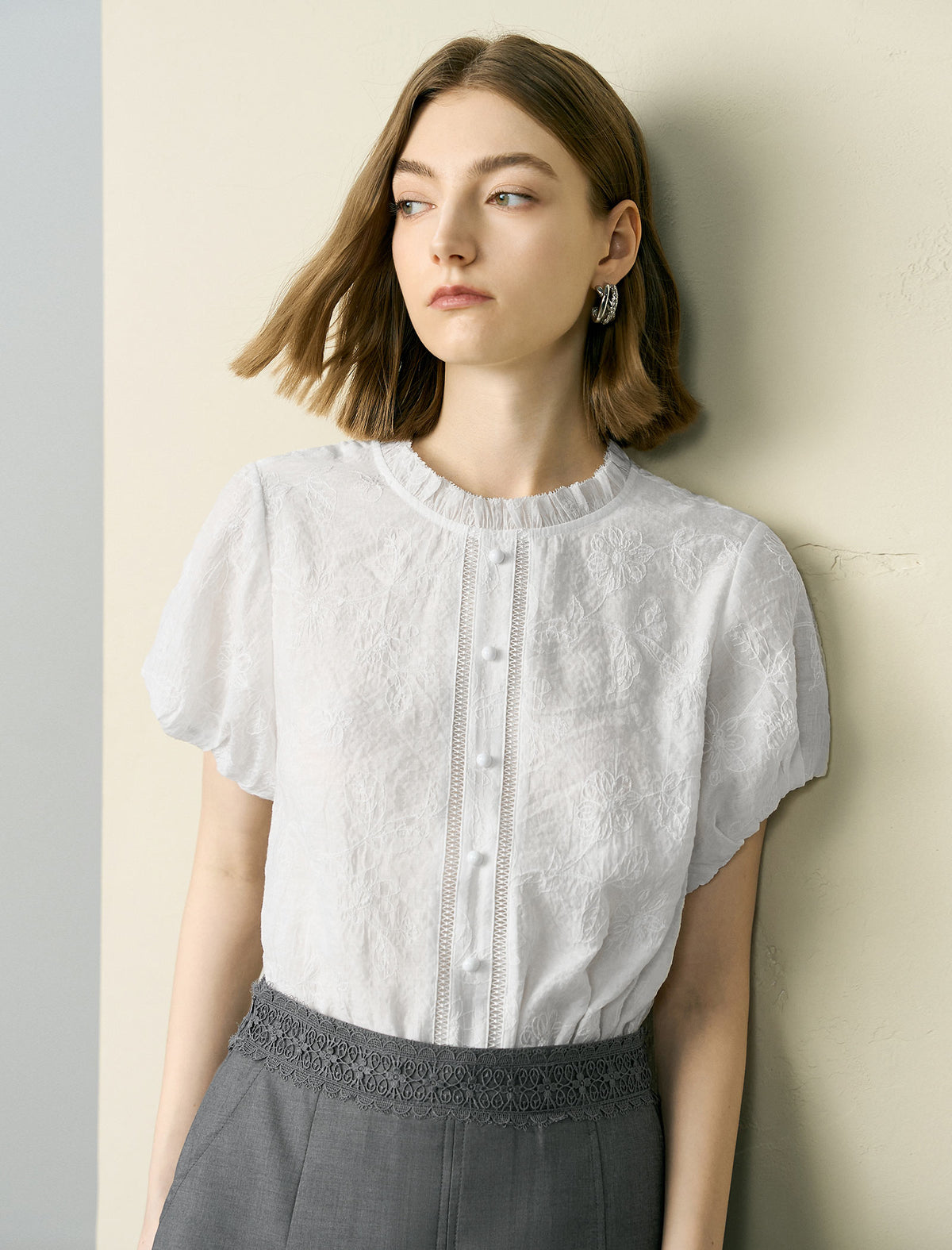 Floral Embroidered Ruffle Neck Blouse