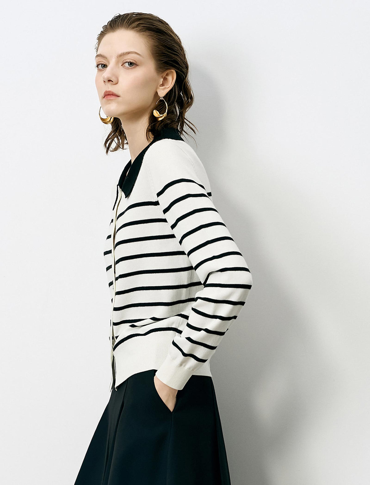 Striped Lapel Slim Fit Long-Sleeve Knit Sweater