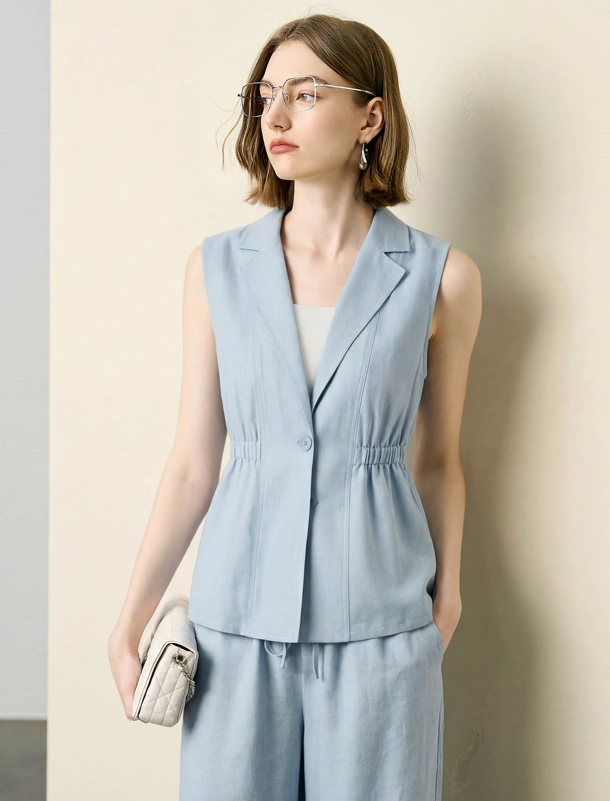 Light Blue Linen-Blend Cinched Waist Vest