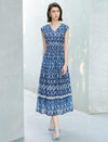 Blue Geometric Print V-Neck Sleeveless Waist Fitted Midi Dress