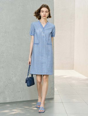 Blue Houndstooth Straight-Cut Dress