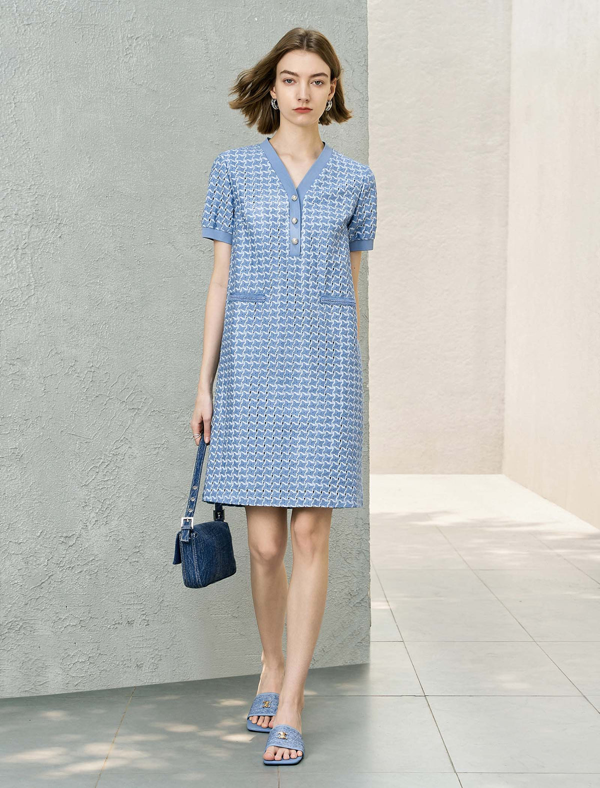 Blue Houndstooth Straight-Cut Dress