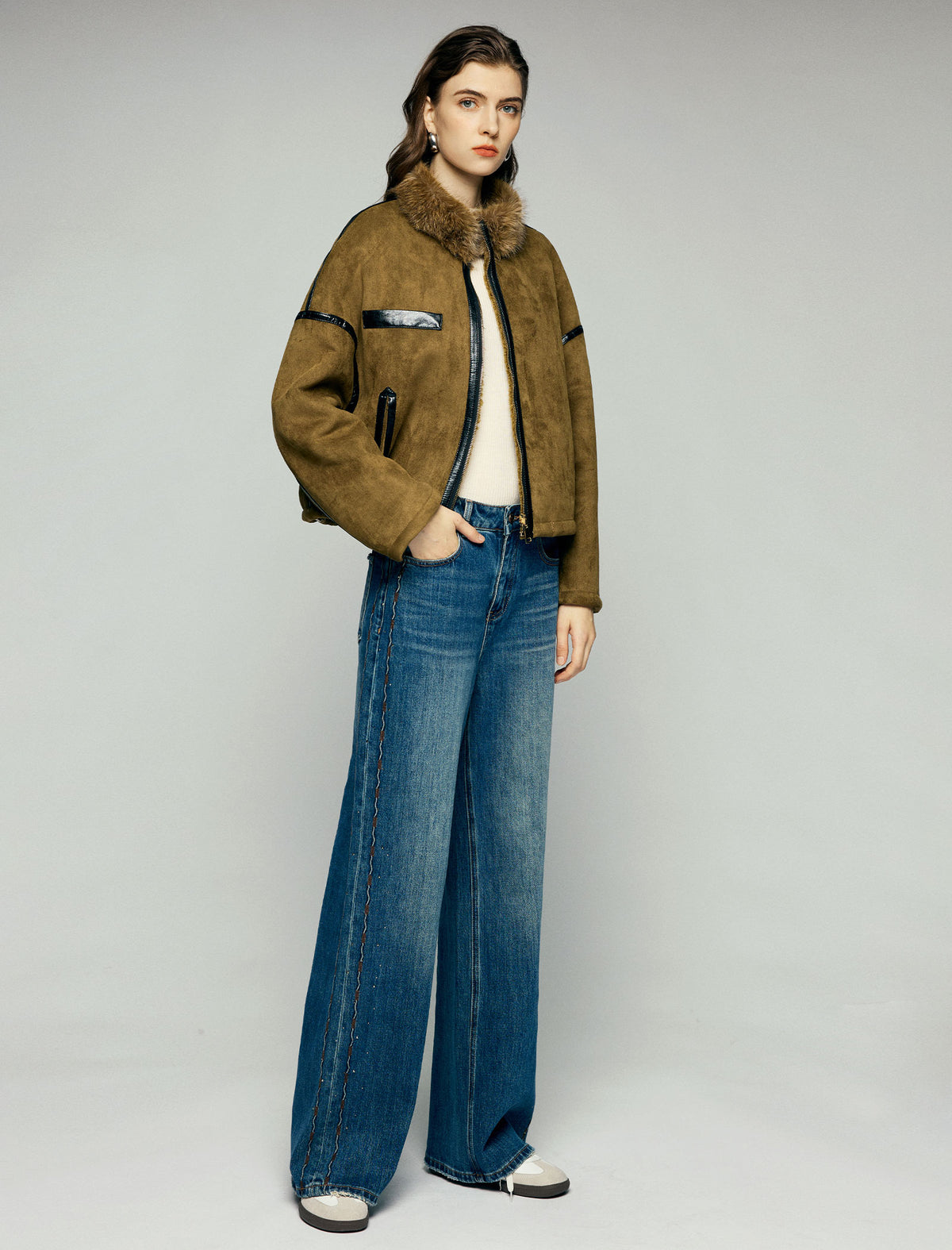 Contrast-Trim Zip-Front Cropped Moto Jacket