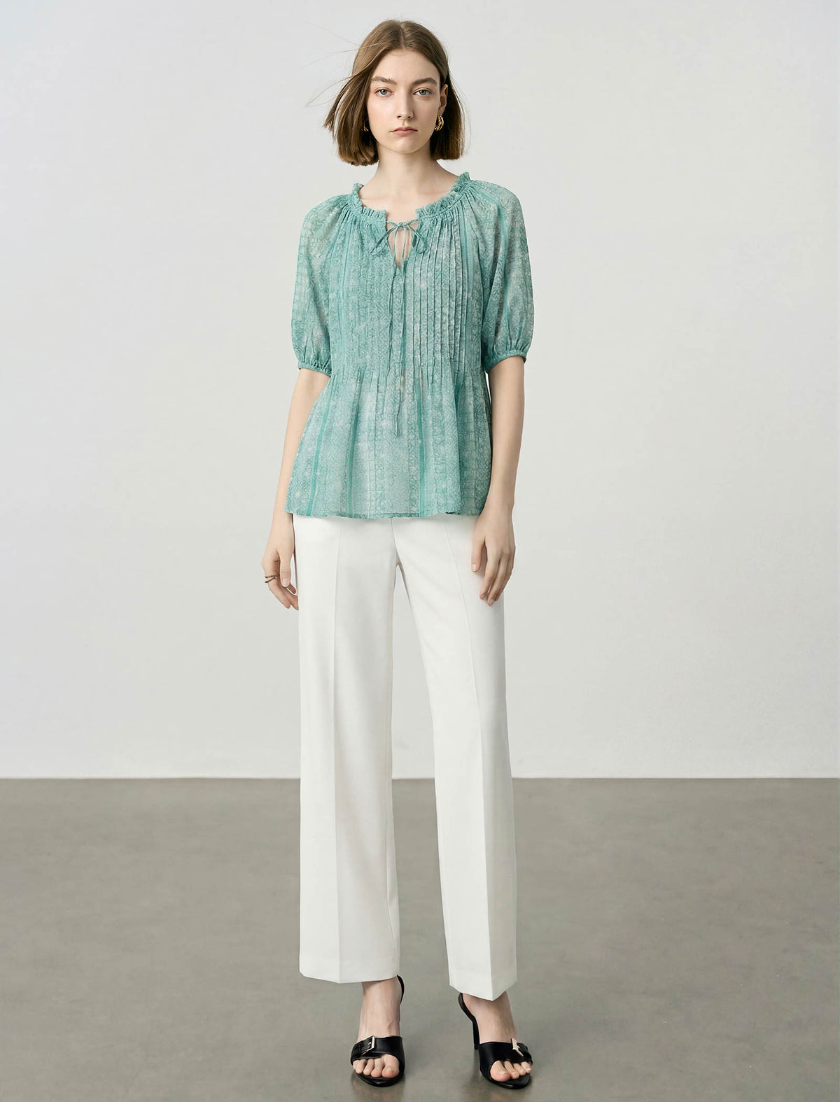 Sage Green Printed Pintuck Peplum Blouse