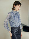 Printed Ruffled Stand Collar Long-Sleeve Blouse