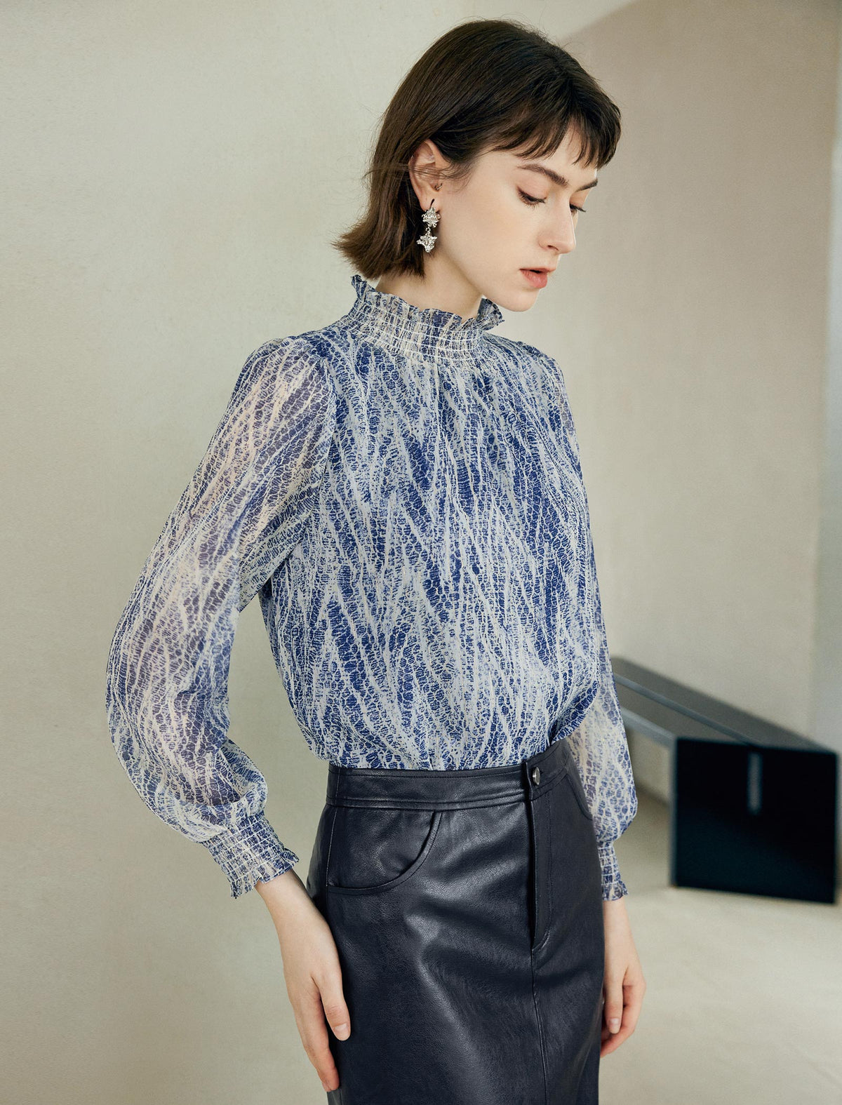 Printed Ruffled Stand Collar Long-Sleeve Blouse