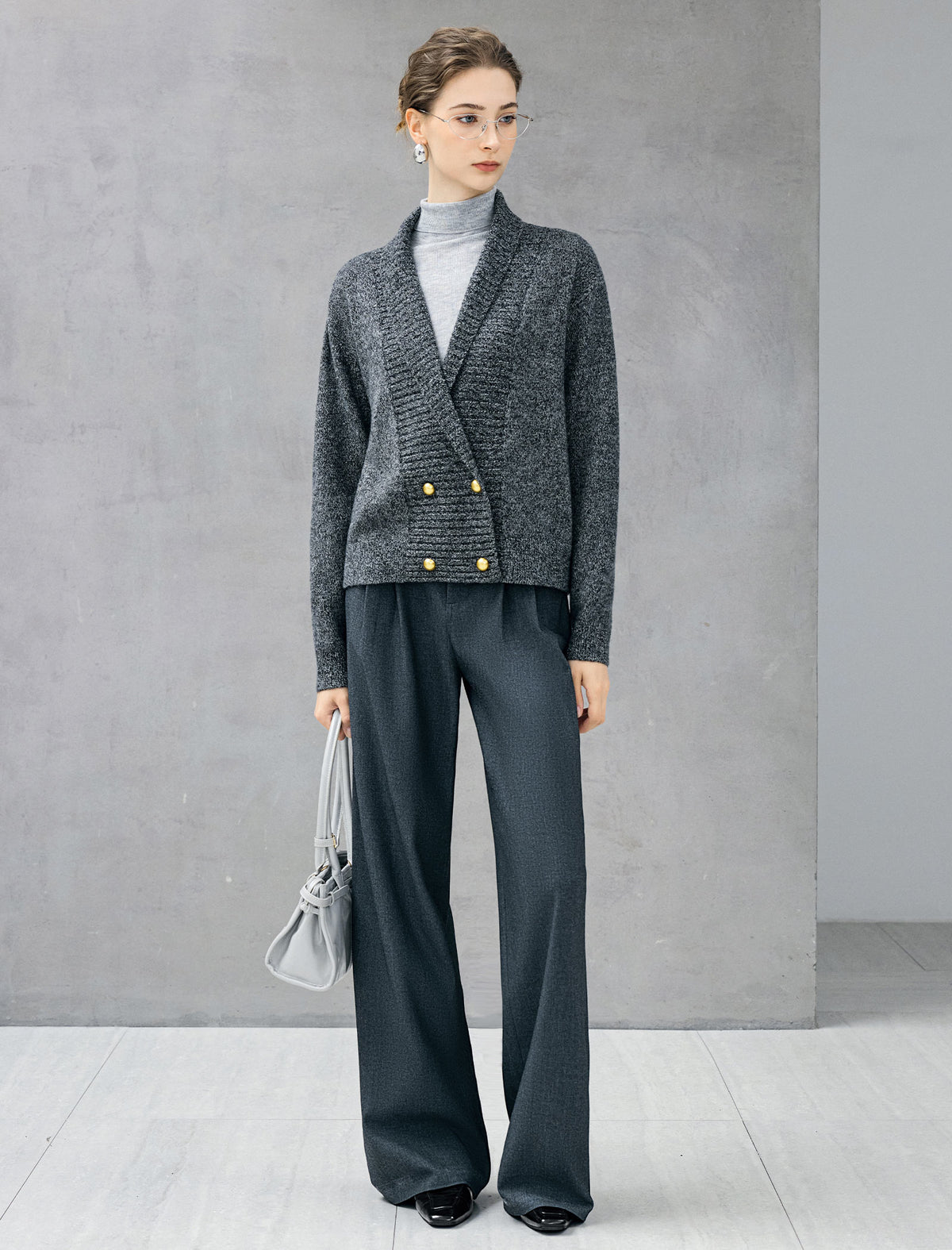 Wool Blend Shawl-Collar Double-Breasted Cropped Cardigan