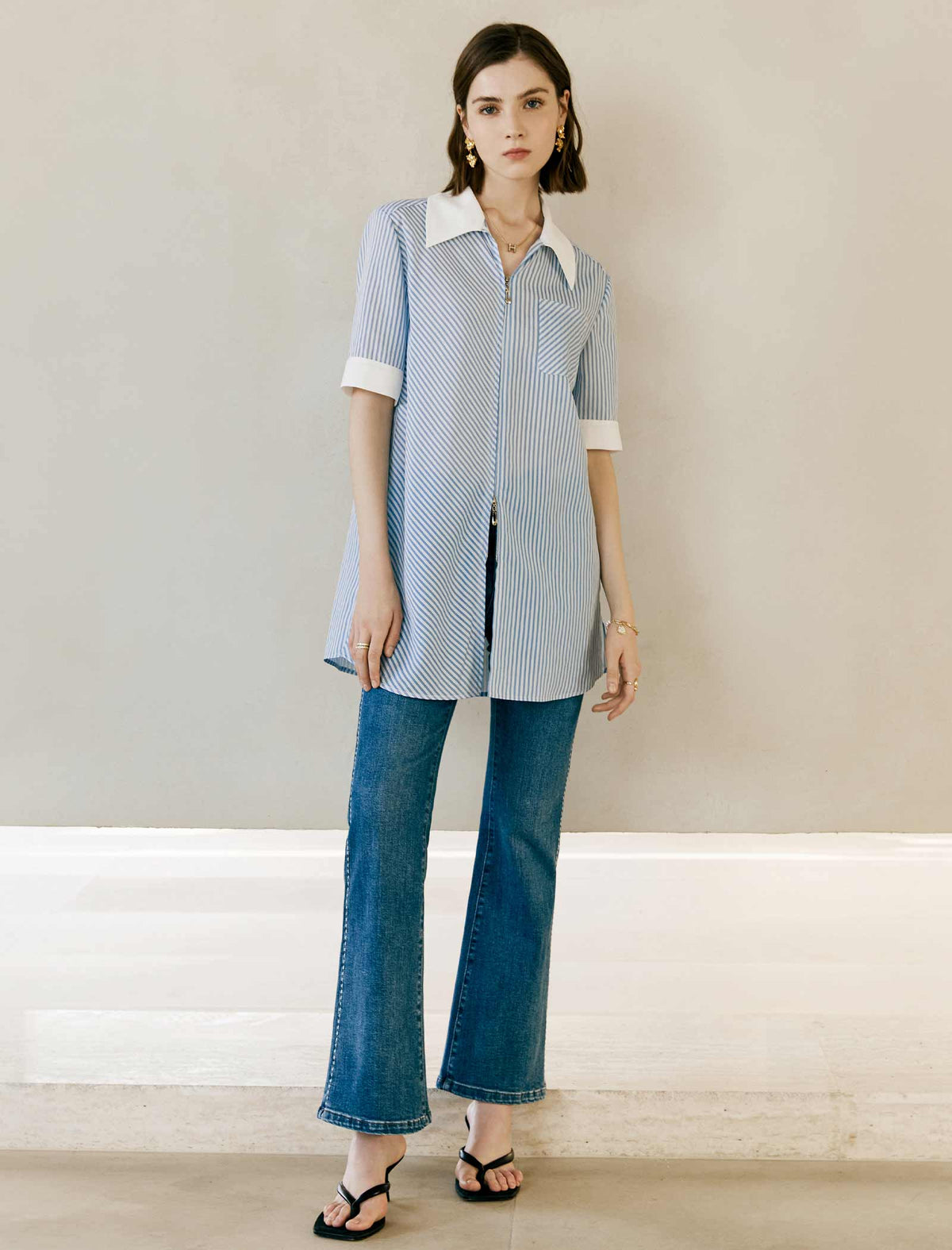 Striped Contrast Collar Relaxed Fit Shirt