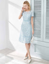 Dusty Blue Lace Ruffle Hem Midi Dress