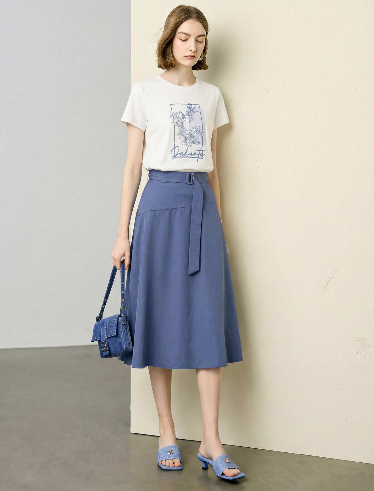 High-Waisted Belted Lyocell A-Line Midi Skirt