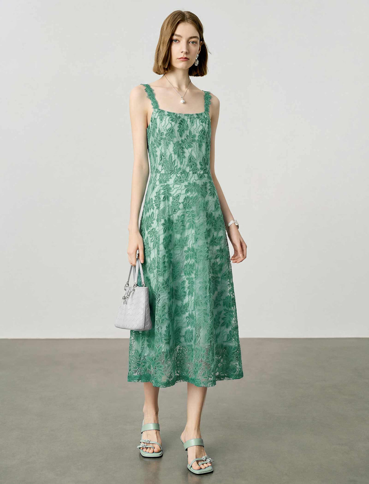 Sage Green Floral Lace Square Neck Cami Midi Dress