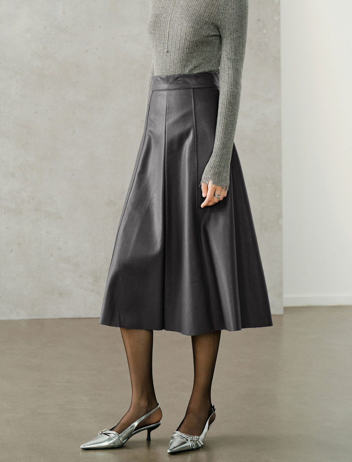 High-Waist Faux Leather A-Line Midi Skirt