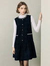 Wool Blend Rhinestone-Trim Pearl-Button Pleated A-Line Mini Dress