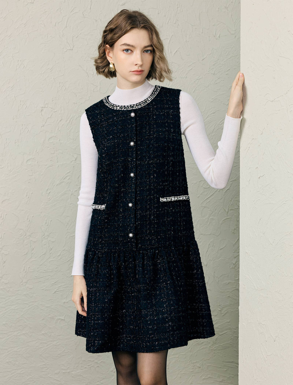 Wool Blend Rhinestone-Trim Pearl-Button Pleated A-Line Mini Dress