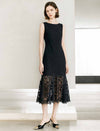 Sleeveless Boat Neck Floral Lace Hem Midi Sheath Dress