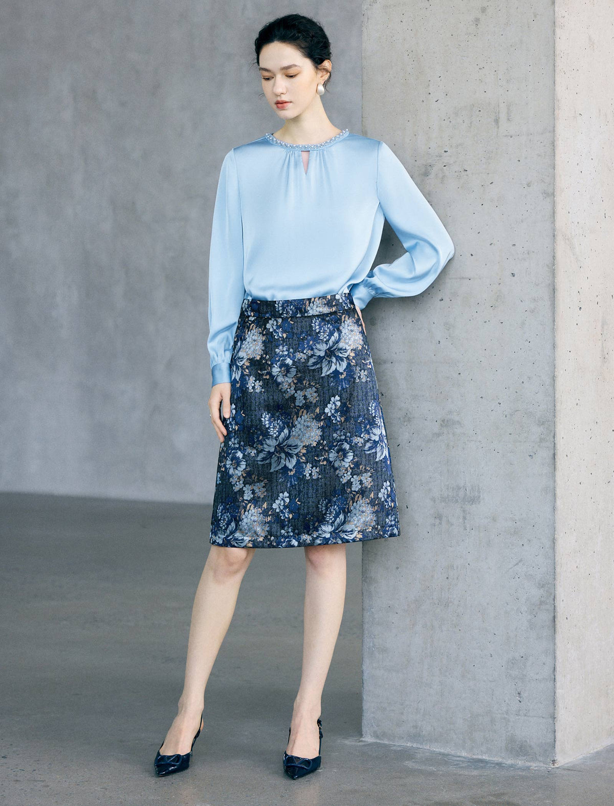 Vintage Floral Print Straight Knee-Length Skirt