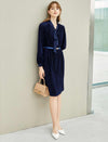 Navy Blue Tie Neck Pleated Midi Dress