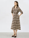 Brown Plaid Belted Shirt Midi Dress