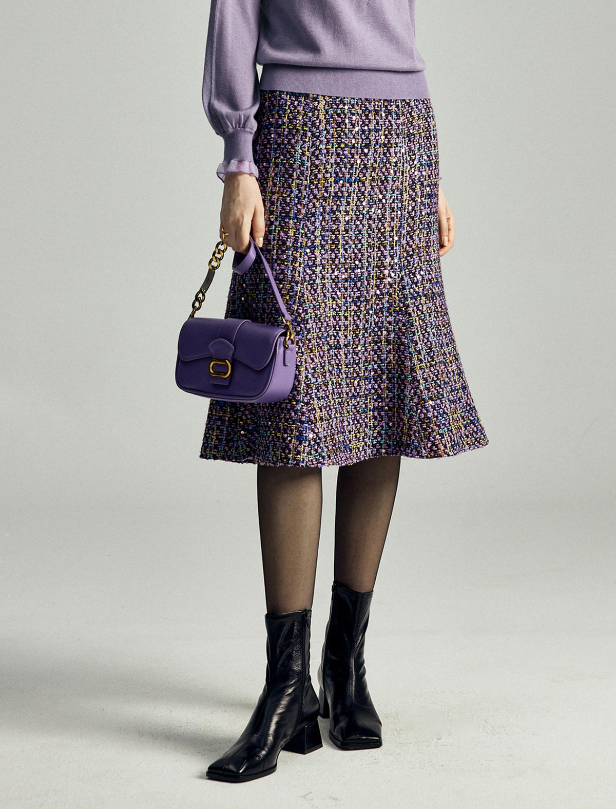 Dark Purple Tweed Fishtail Midi Skirt