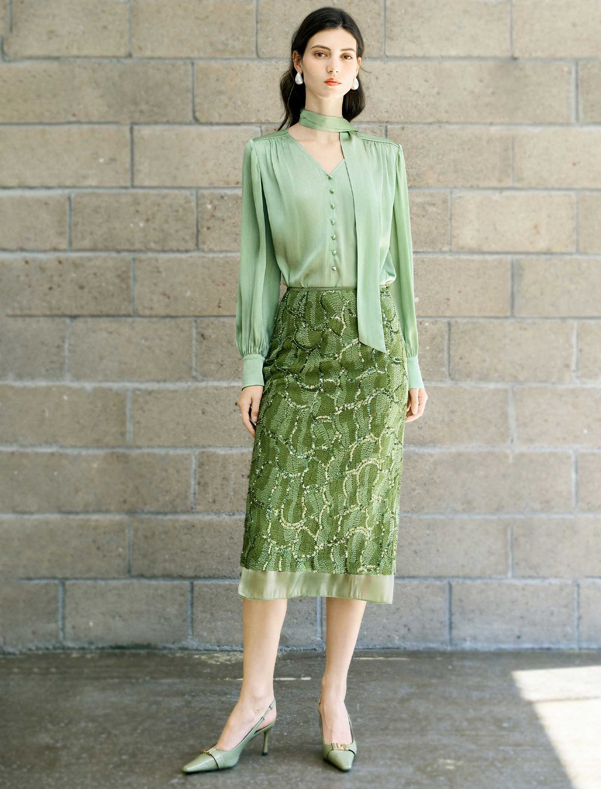 Sage Green Tie-Neck Blouse