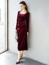 Burgundy Velvet Embellished Midi Dress