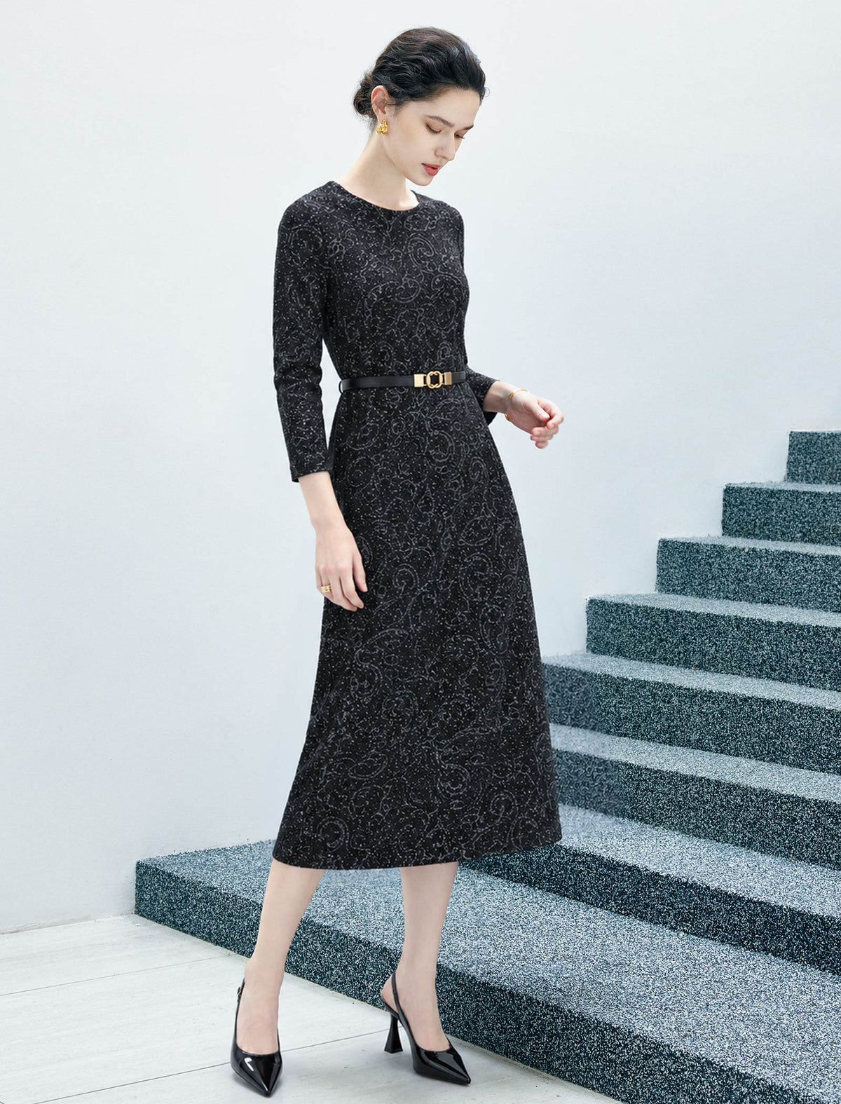 Crewneck Long Sleeve Belted Relaxed Midi Dress